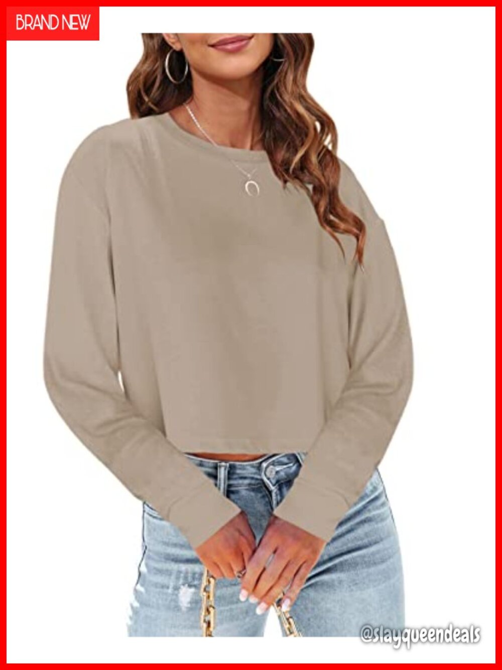 Womens Long Sleeve Crop Top Oversized Drop Shoulder Cropped T-Shirt